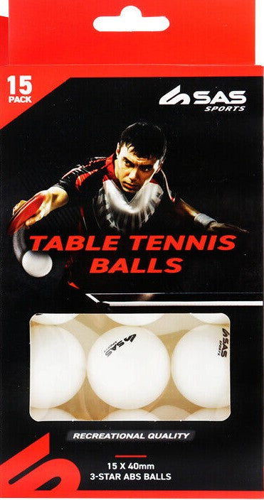 SAS Sports 15Pk Table Tennis 3-Star ABS Balls Recreational Quality 40mm