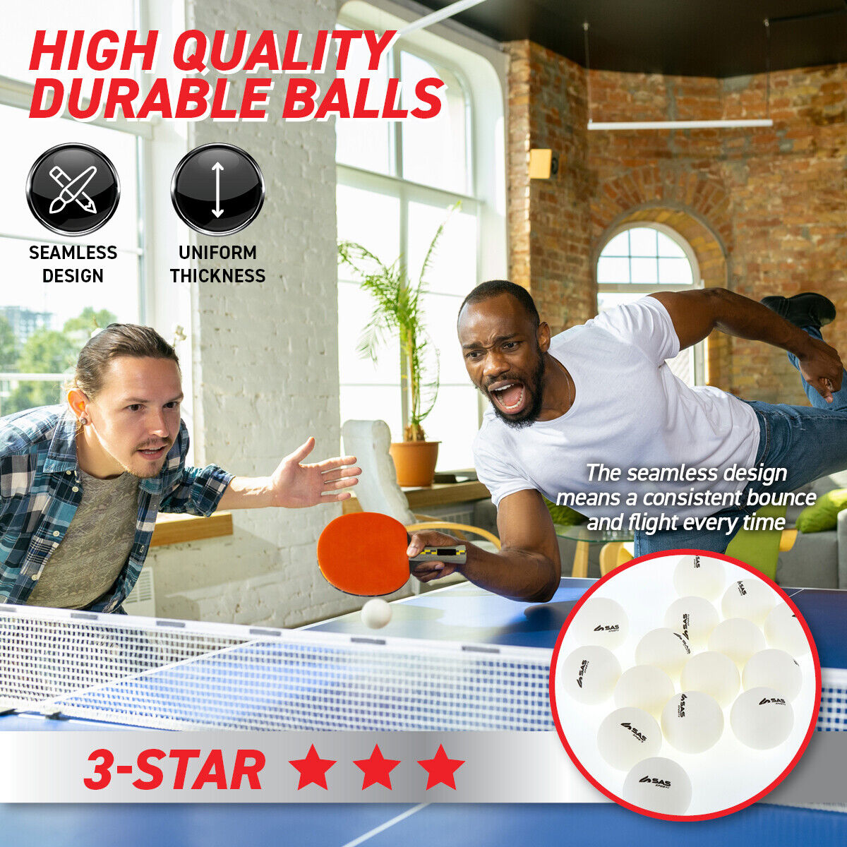 SAS Sports 15Pk Table Tennis 3-Star ABS Balls Recreational Quality 40mm