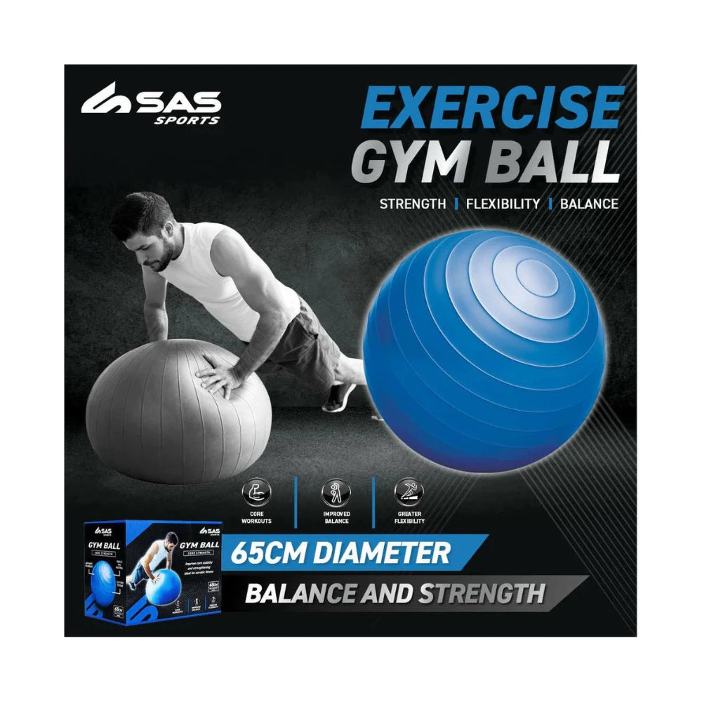 Sas Sports Exercise Gym Ball Blue Anti Slip Texture Balance Strength 65cm - Blue