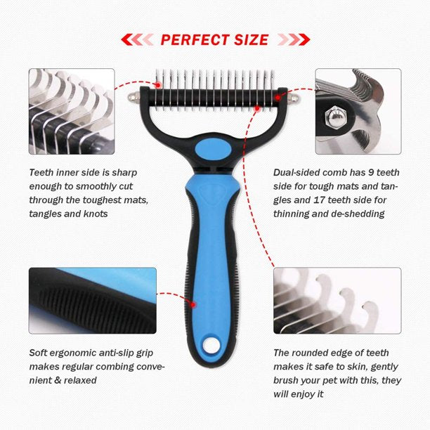 Pet Grooming Tool - Double Sided Shedding and Dematting Undercoat Rake Comb.