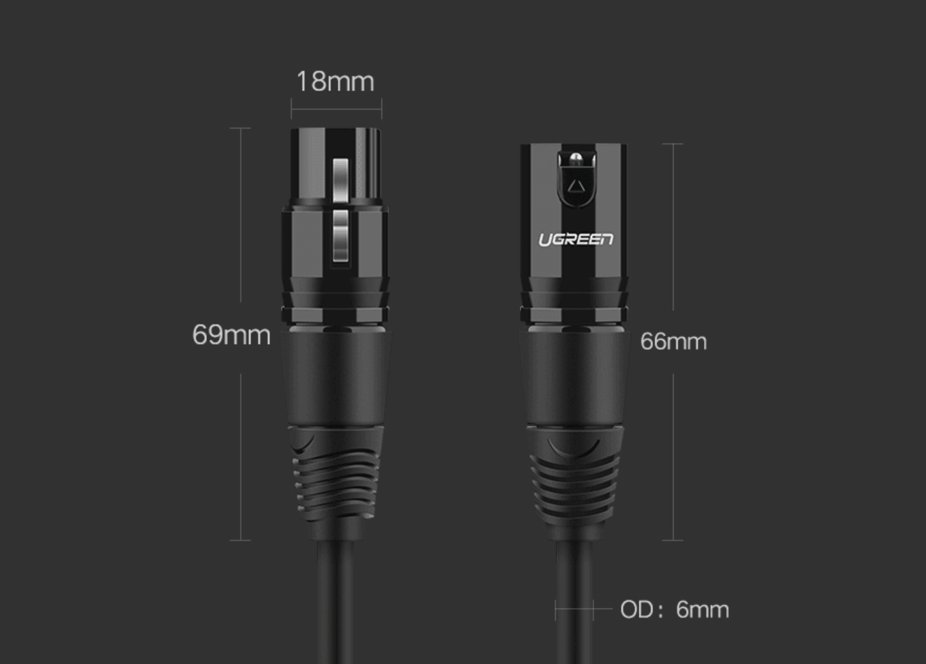 Ugreen XLR Cannon Male to Female Microphone Extension Audio Cable 2m (Black) - Glowish